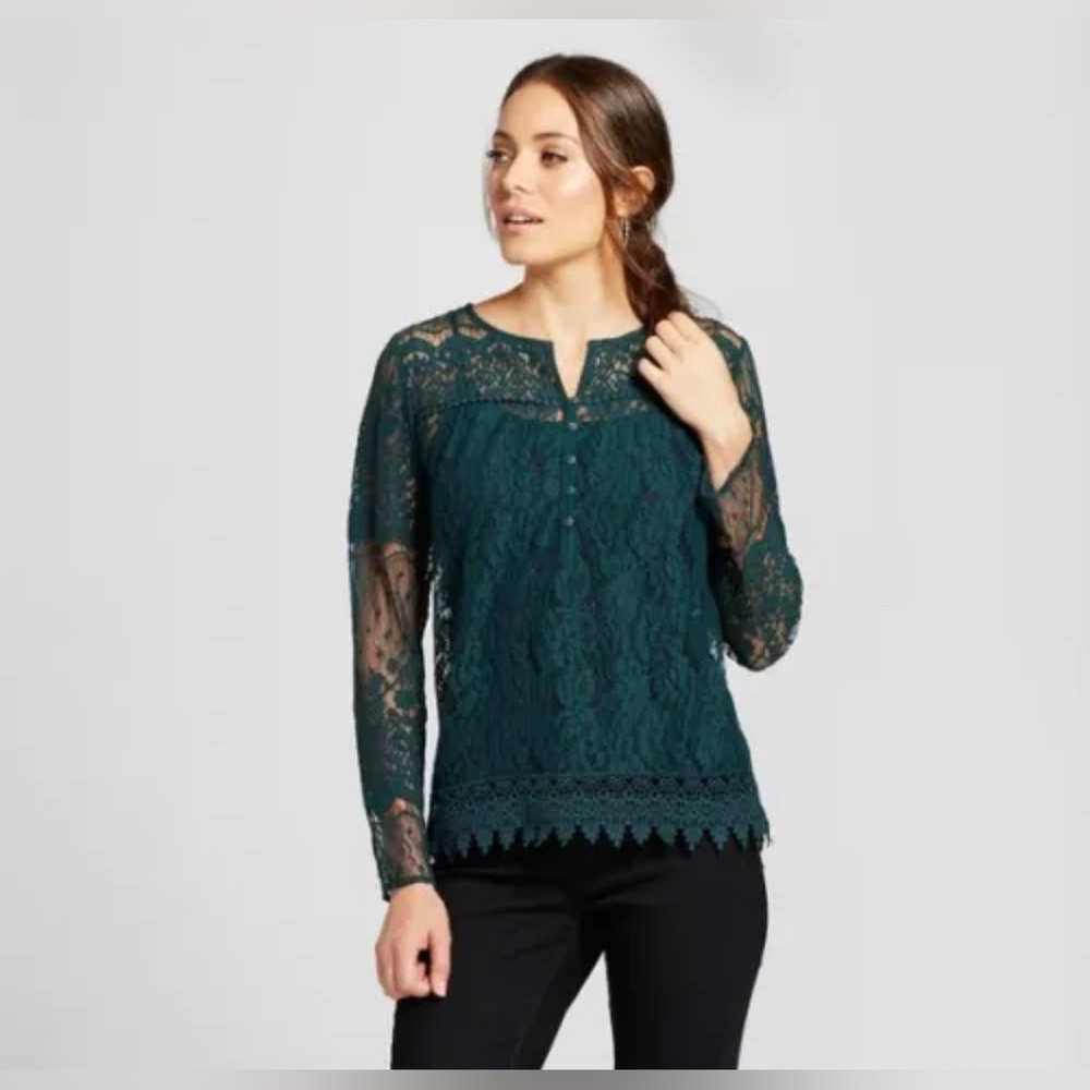 Knox Rose Women’s Long Sleeve Lace Henley Top Green Size medium